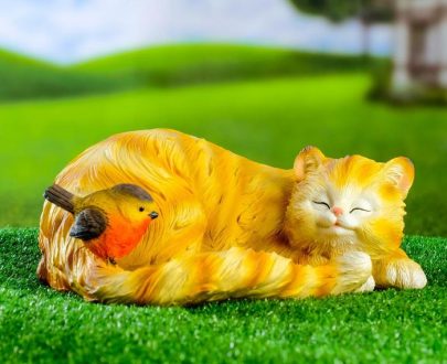 Садовая фигура Кошка спящая с птичкой, 13х29 см.
