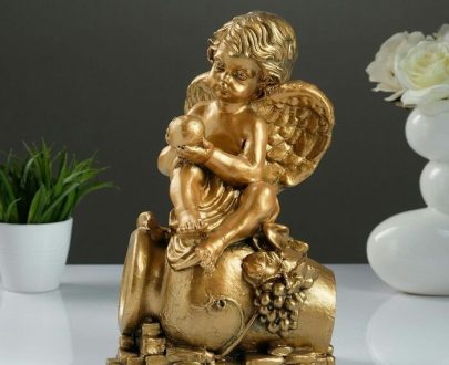 Садовая фигура Ангел на кувшине золотой, 32х22 см.