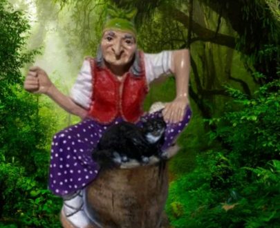 Садовая фигура Баба-Яга на ступе средняя с котом 85х55х55 см