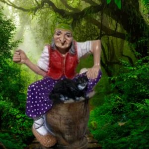 Садовая фигура Баба-Яга на ступе средняя с котом 85х55х55 см