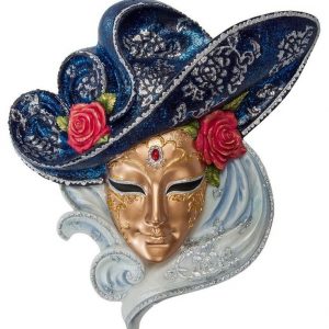 Венецианская маска для интерьера "Розы"- синий, 26 см.