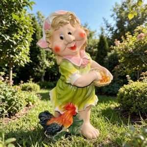 Садовая фигура девочка гном с петухом 72х26х48 см